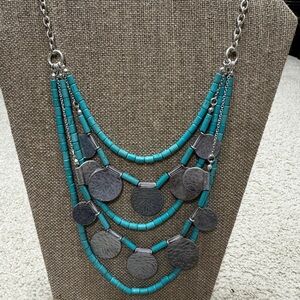 Turquoise and Silver Layered Coin Necklace